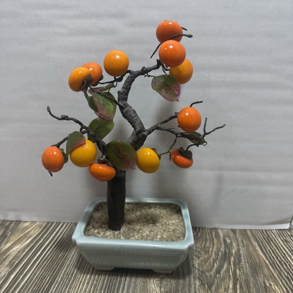 Vintage Japanese Bonsai Tree Lucky Glass Persimmon Fruit With Jade Leaves 8"